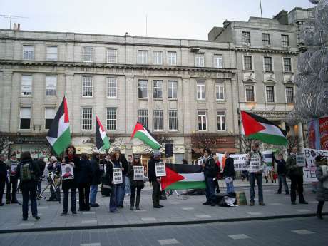 Click on image to see full-sized version Protestors assemble at the Spire