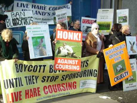 Click on image to see full-sized version Clare Daly with campaigners outside the Boylesports office in Westmoreland Street, Dublin on January 30th