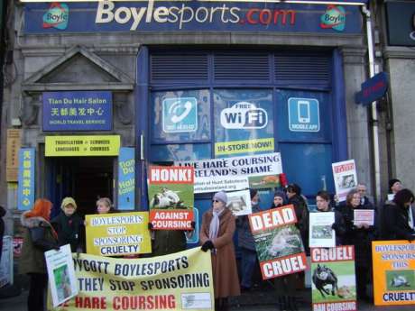 Click on image to see full-sized version Protesters calling on Boylesports betting agency to stop sponsoring cruel hare coursing