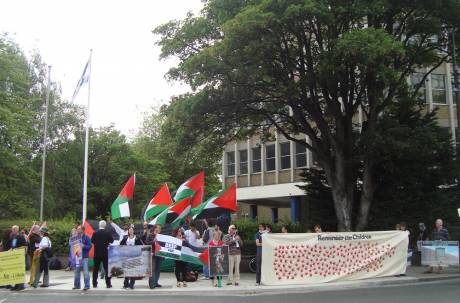 Click on image to see full-sized version Protesters outside the Israeli Embassy