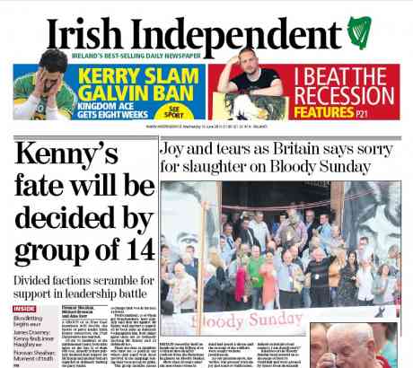Click on image to see full-sized version Joy and tears as Britain says sorry for slaughter on Bloody Sunday - Irish Independant front page