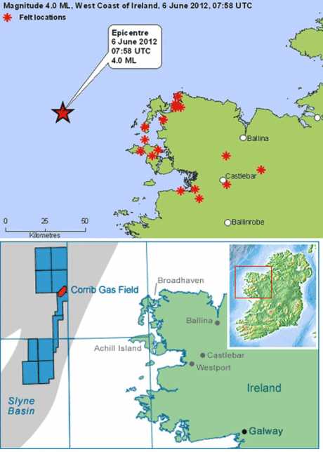 Click on image to see full-sized version map showing relative location of Corrib Gas Field and Earthquake origin