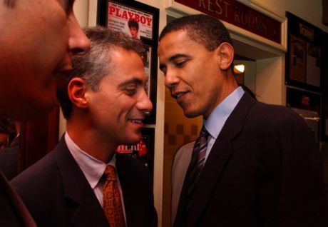 Click on image to see full-sized version Obama cosying up to Emanuel at the Illinois Delegation party at a restaurant in Boston
