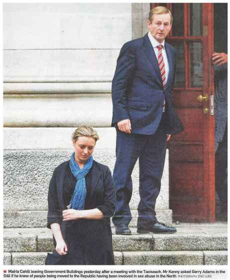 Click on image to see full-sized version Big man protects little woman - Enda Kenny and Mairia Cahill (Irish Times front page 23 October 2014)