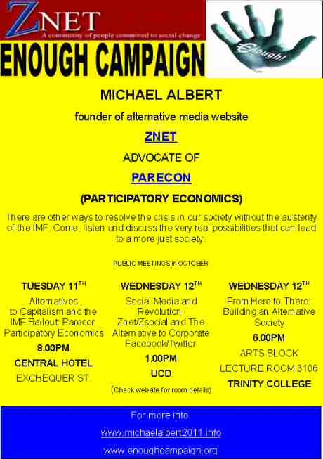 Michael Albert speaking engagements in Dublin for Oct 11th, 12th & 13th