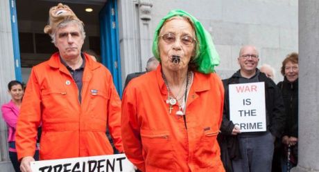 Click on image to see full-sized version Margaretta D'Arcy and Nial Farrel outside Ennis Court